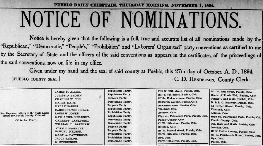 Notice of Nominations for State Legislators from Pueblo County, Chieftain November 1, 1894