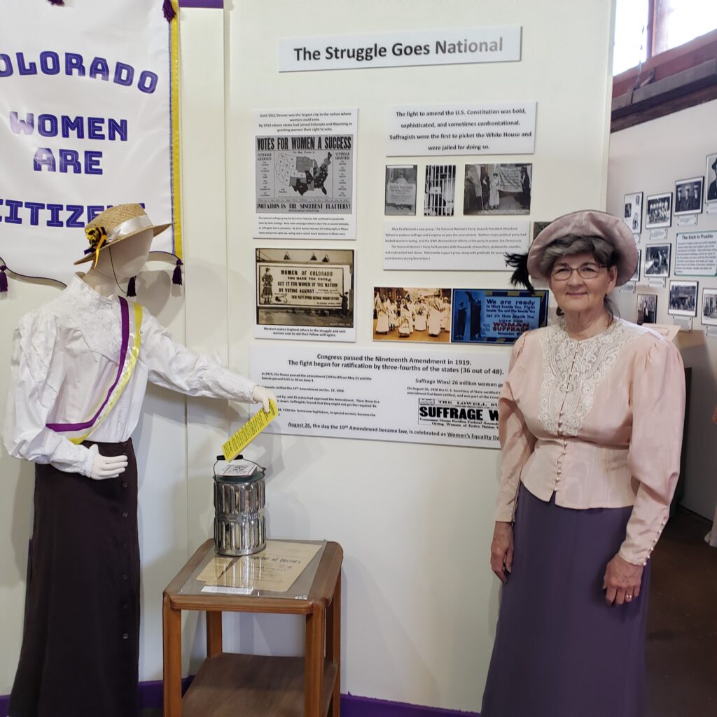 Kathy DeHerrera at the Pueblo Heritage Museum Women's Suffrage exhibit, August 31, 2019